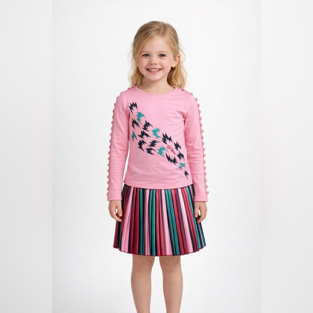 Vibrant Pink and Teal Kids Long Sleeve And  Pleated Satin Skirt Set